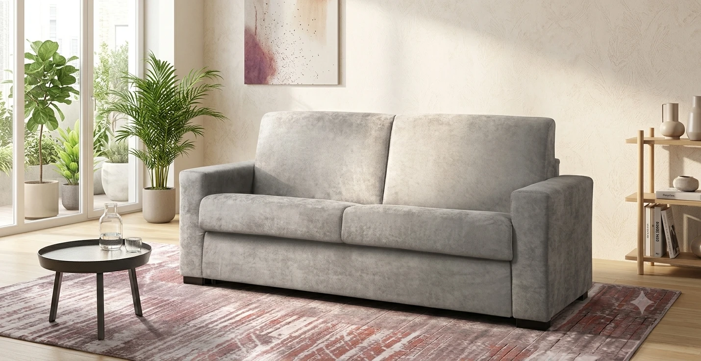 Divano letto Beatrice con rete elettrosaldata in un luminoso soggiorno moderno