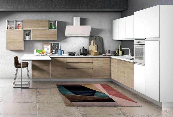 Cucina angolare New Kelly Natural con finitura bianco e rovere opaco con top bianco