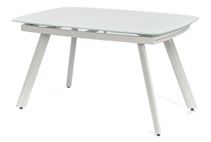 Tavolo PHIL allungabile in vetro temperato extra bianco con gambe in metallo grigio