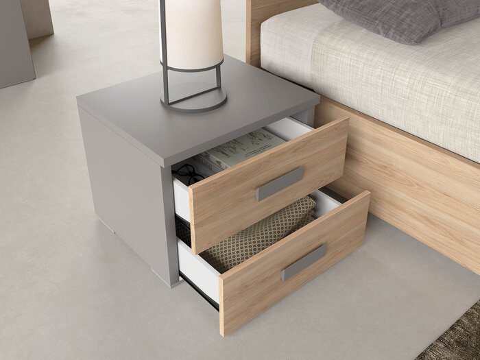 comodino-moderno-2-cassetti-noce-fango-asia coppia-comodini-moderni-finitura-noce-e-fango-asia