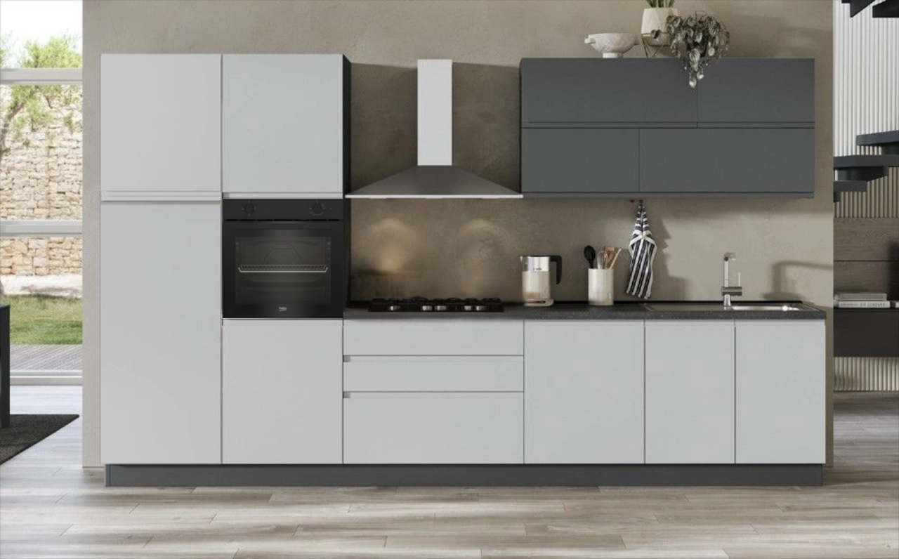 Cucina componibile New Kelly moderna con finiture grigio antracite opaco e grigio acciaio, completa di elettrodomestici Beko– L 360 x H 216 cm