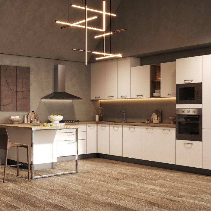 Cucina angolare Aura moderna con penisola snack e 5 elettrodomestici inclusi