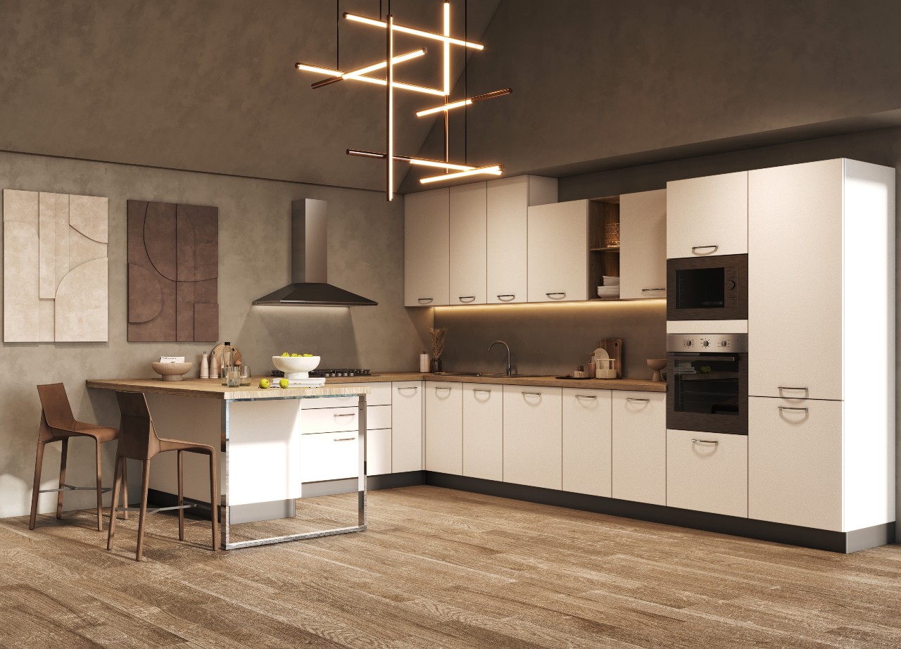 Cucina angolare Aura moderna con penisola snack e 5 elettrodomestici inclusi