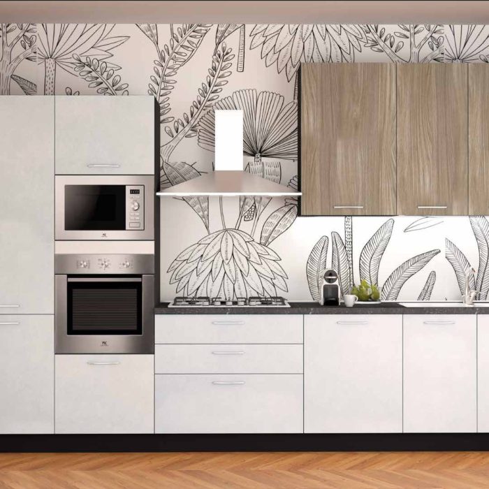 Cucina ESSENZA lineare con colonne alte 216 cm e pensili 240 cm