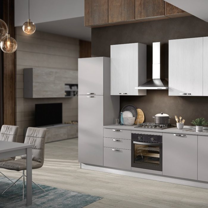 Cucina grigia completa LINEA con frigo, forno e piano cottura da 300 cm