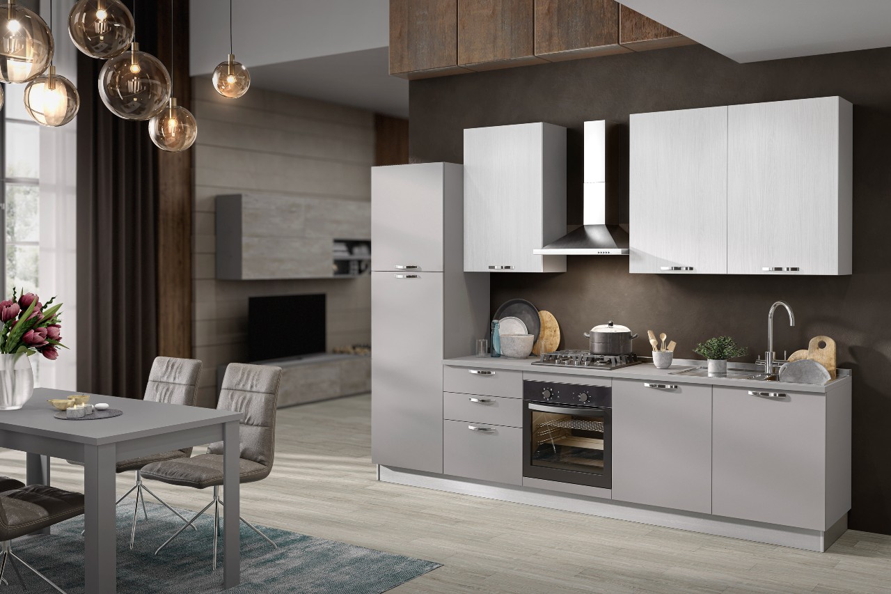 Cucina grigia completa LINEA con frigo, forno e piano cottura da 300 cm