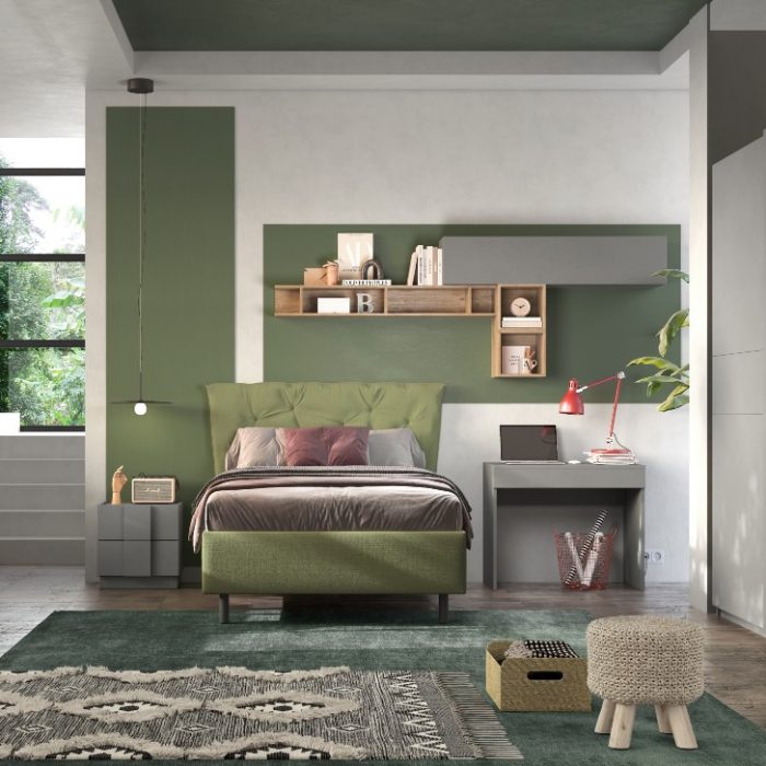 Camera Amalti con armadio 2 ante scorrevoli L 220 x H 240 cm, letto 1 piazza e mezza con box contenitore, comò, comodino e scrittoio