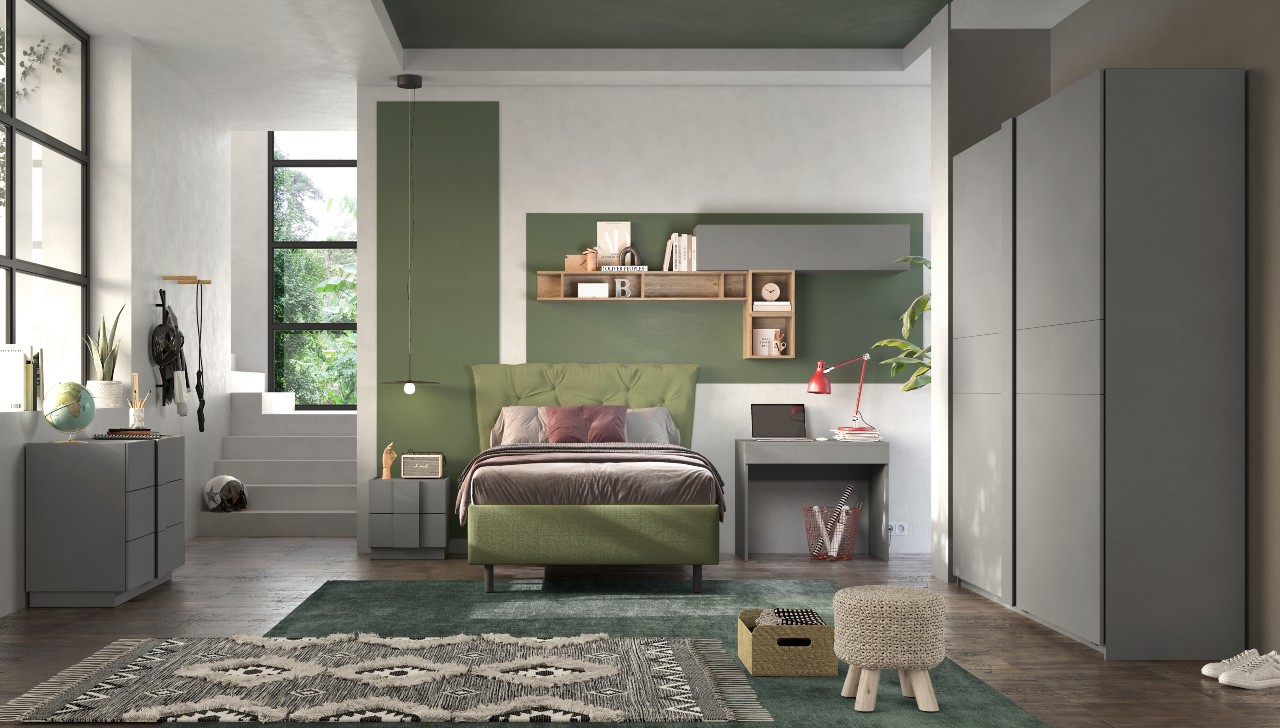 Camera Amalti con armadio 2 ante scorrevoli L 220 x H 240 cm, letto 1 piazza e mezza con box contenitore, comò, comodino e scrittoio