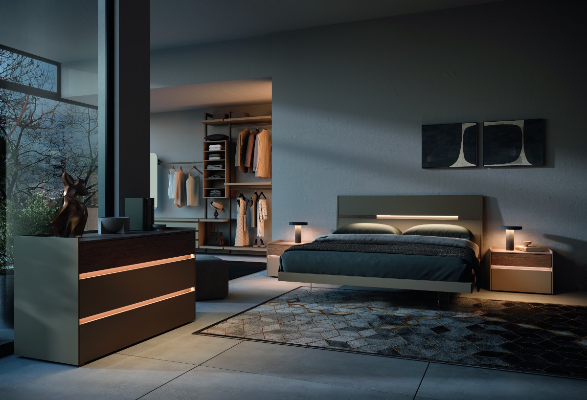 Camera matrimoniale completa GLAM con letto contenitore, cabina armadio e gruppo notte con illuminazione a LED