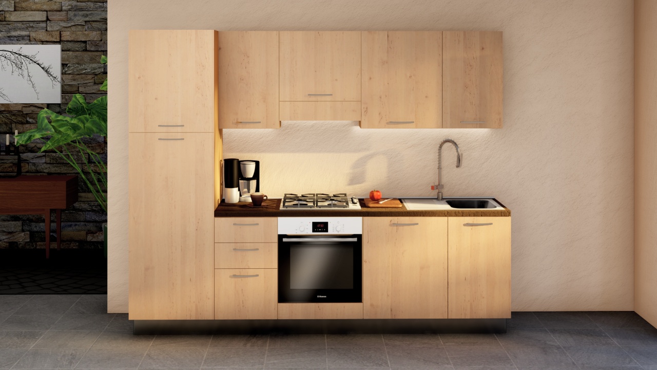 Cucina Blitz lineare 270 cm in finitura legno chiaro completa di frigorifero, forno e piano cottura Beko
