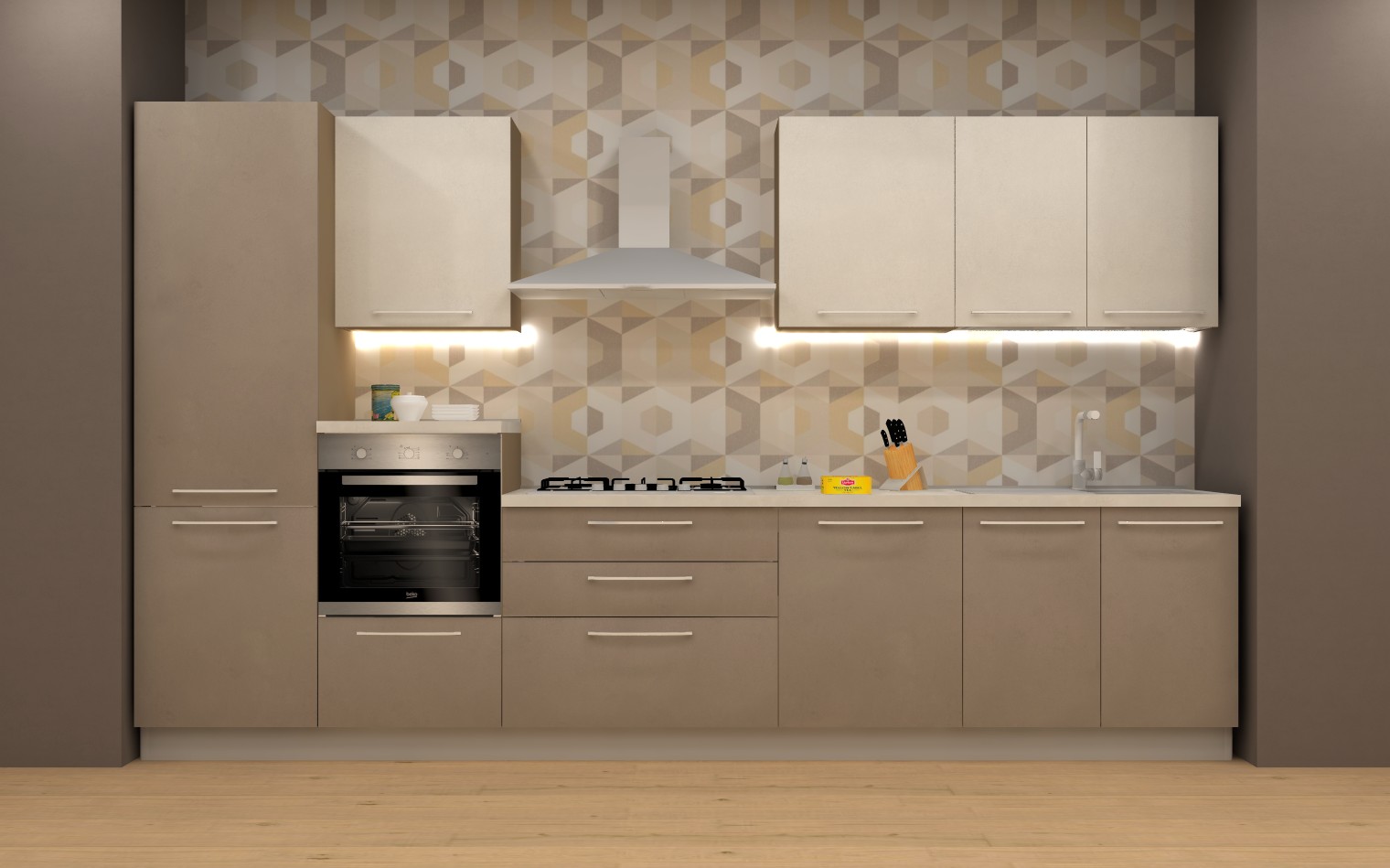 Cucina Geo lineare da 360 cm in finitura tortora con frigorifero, forno e piano cottura Beko