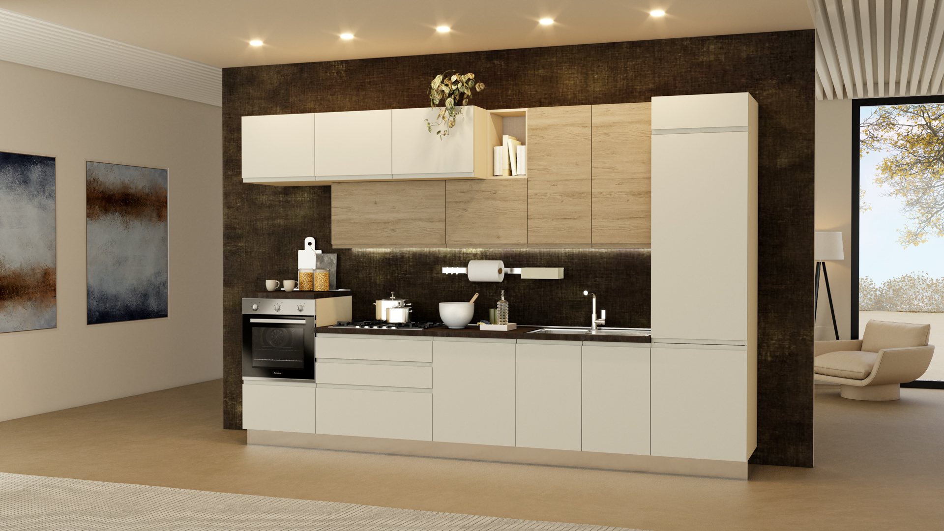 Cucina Ivy lineare da 360 cm con ante a maniglia integrata, piano cottura a 5 fuochi, forno, lavastoviglie e colonna frigo, in finitura chiara con pensili effetto legno.