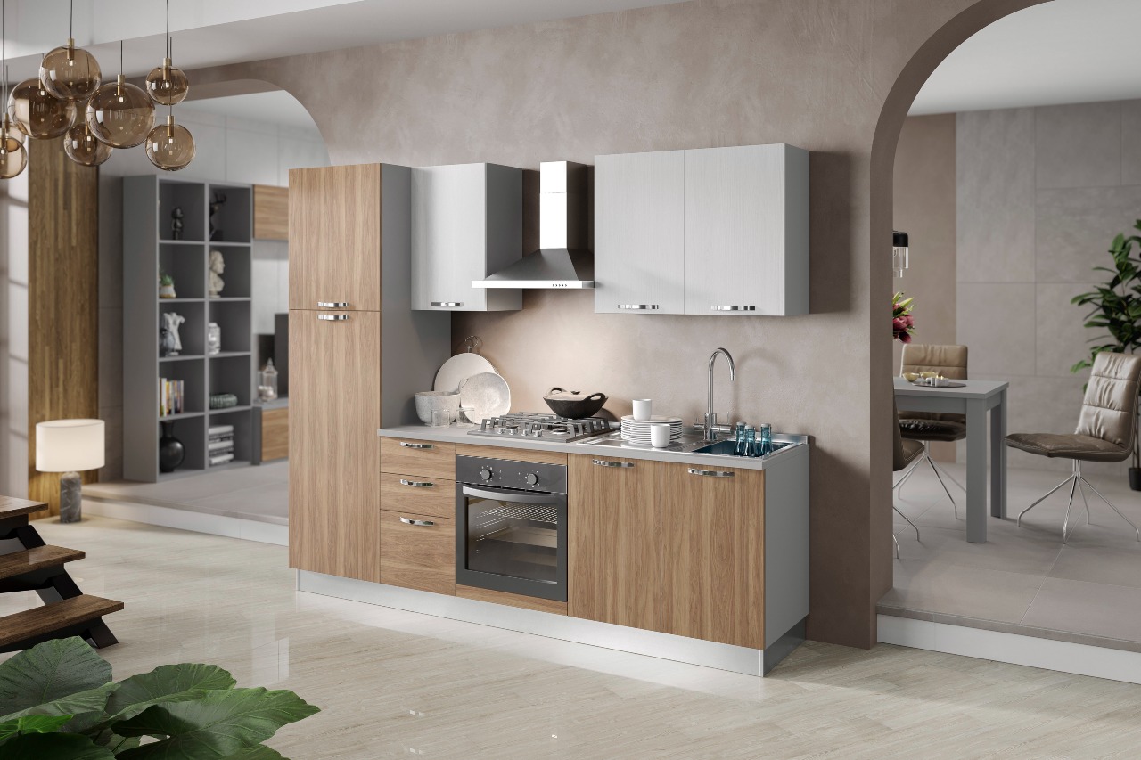 Cucina completa L 255 H 216 CM, compresa di 3 elettrodomestici