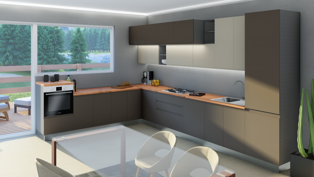 Cucina angolare Kora 421x301 cm con basi e pensili moderni, top effetto legno ed elettrodomestici inclusi: frigo congelatore, forno, lavastoviglie e piano cottura 5 fuochi.