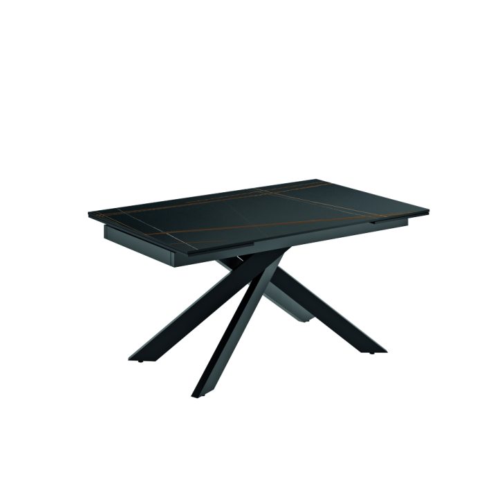 Tavolo Origami allungabile con top in ceramica marmo nero opaco e base in metallo verniciato nero, dimensioni 140x90–200 cm