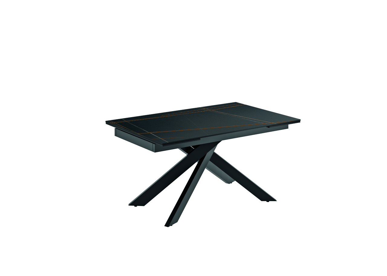 Tavolo Origami allungabile con top in ceramica marmo nero opaco e base in metallo verniciato nero, dimensioni 140x90–200 cm