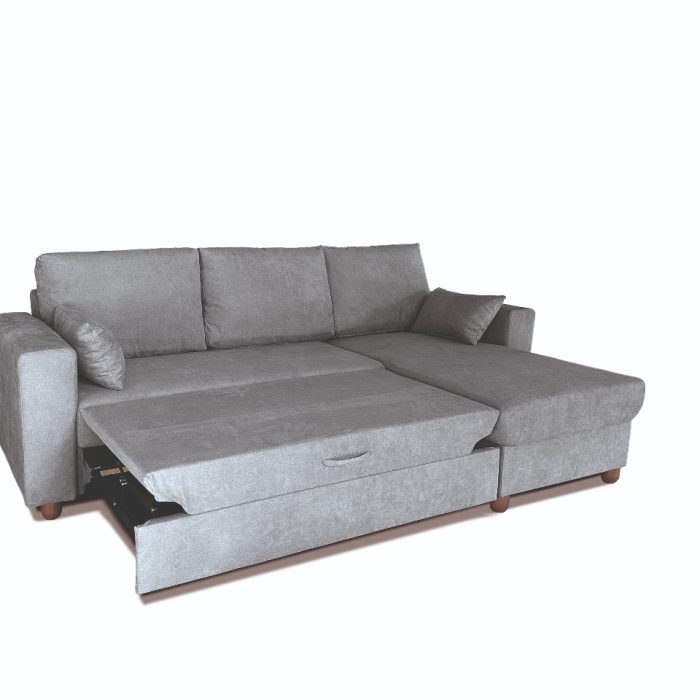 Divano letto Robin con penisola reversibile e panchetta estraibile aperta