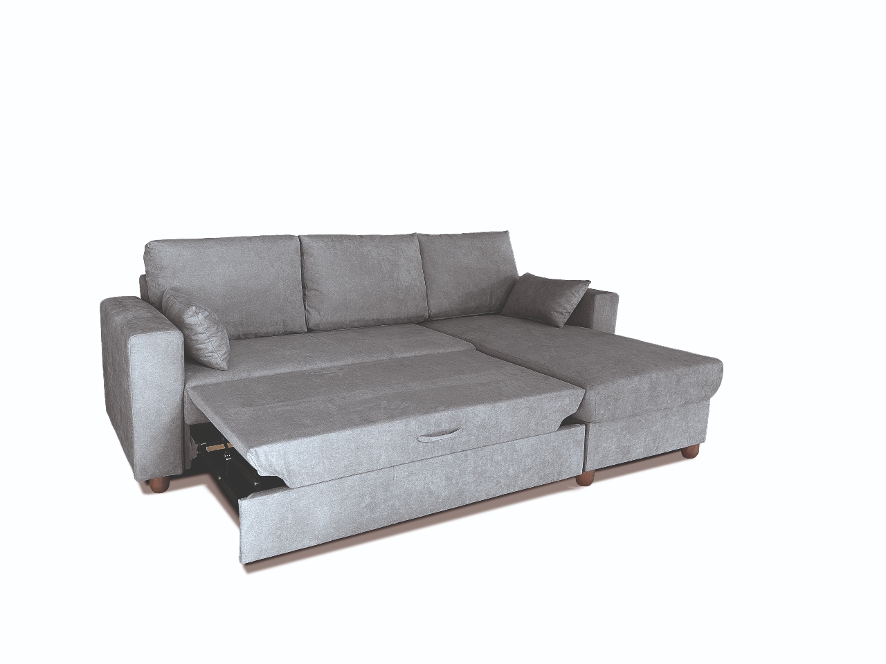 Divano letto Robin con penisola reversibile e panchetta estraibile aperta