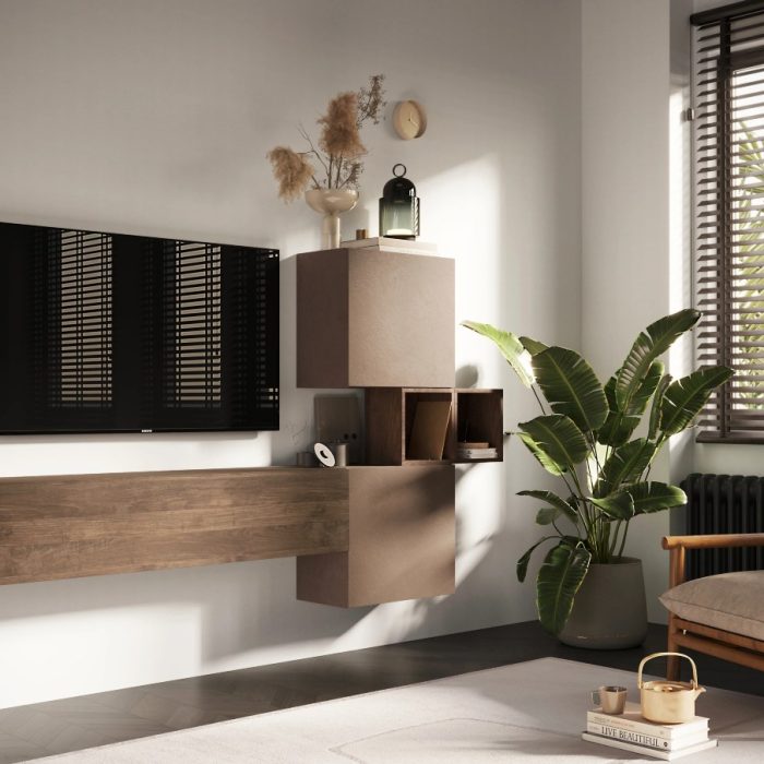 Parete attrezzata sospesa Aria con moduli chiusi e vani a giorno