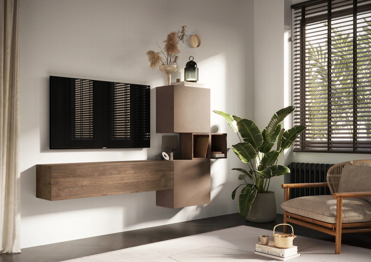 Parete attrezzata sospesa Aria con moduli chiusi e vani a giorno