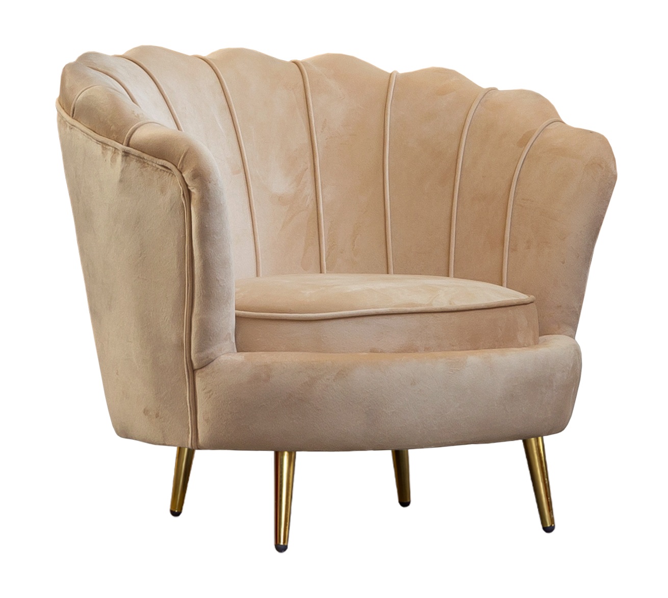 Poltroncina Venus Beige in velluto con gambe ottonate e schienale a conchiglia