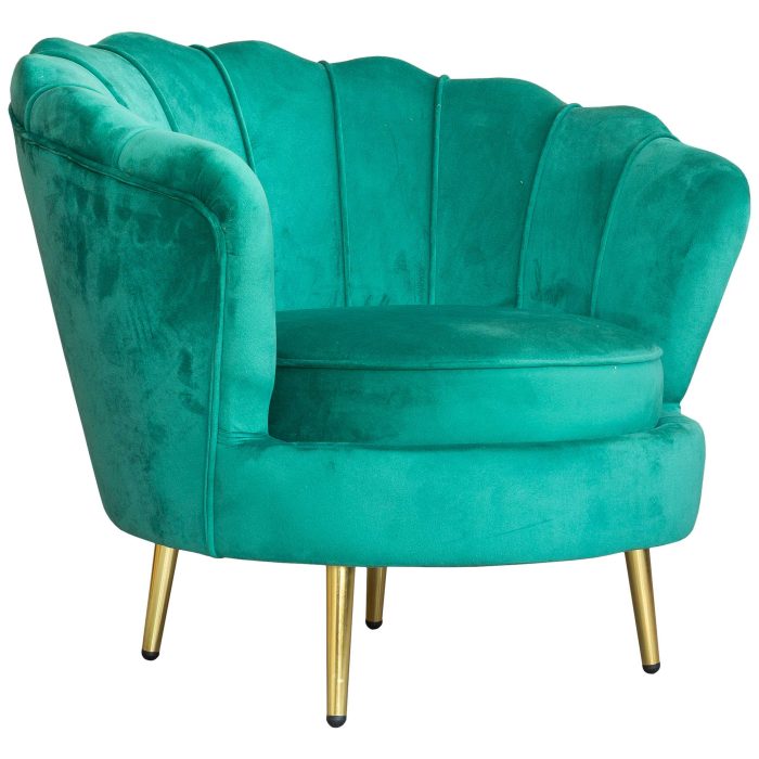 Poltroncina Venus Verde in velluto con gambe ottonate e schienale a conchiglia