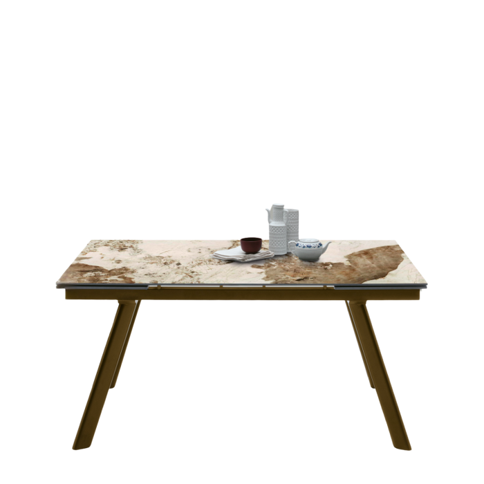 Tavolo Olimpo allungabile con piano ceramicato effetto marmo e struttura in metallo color bronzo, dimensioni 160x80–240 cm