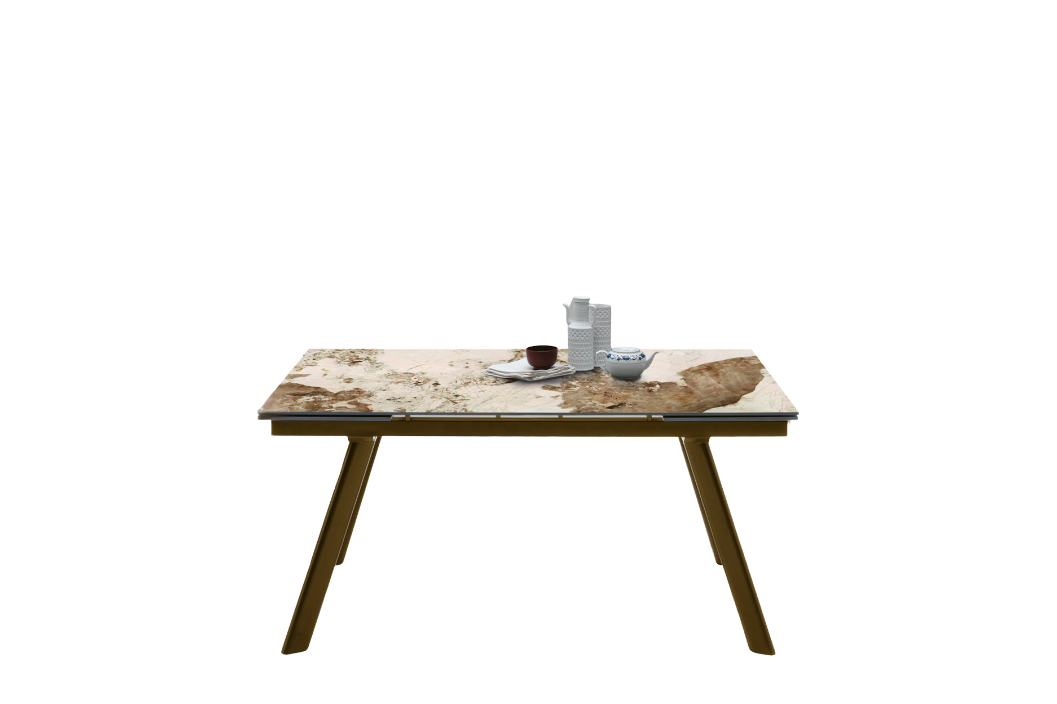 Tavolo Olimpo allungabile con piano ceramicato effetto marmo e struttura in metallo color bronzo, dimensioni 160x80–240 cm
