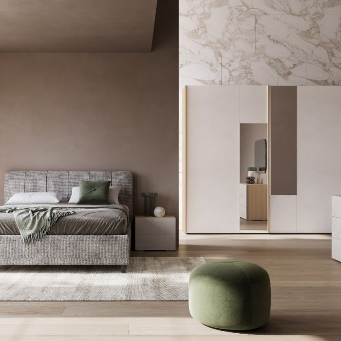 Camera matrimoniale Perla con armadio scorrevole 272 cm e letto imbottito contenitore