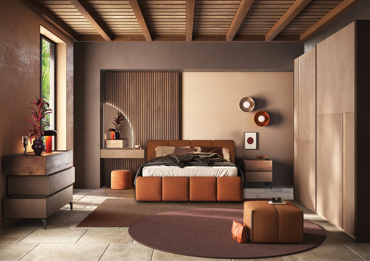 Camera matrimoniale Sinfonia con armadio scorrevole 277 cm e boiserie dogata con specchio