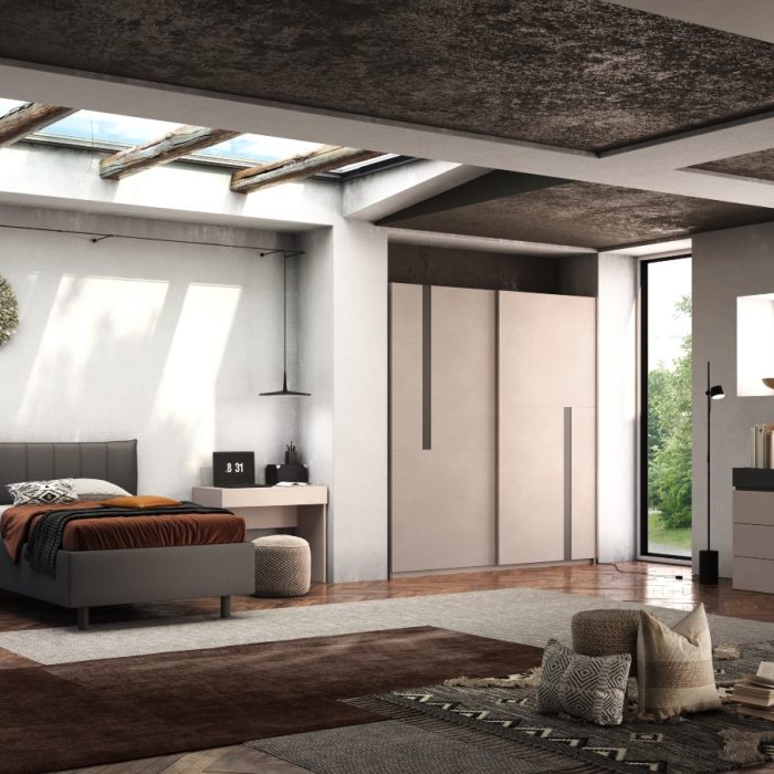 Camera ragazzi Amalti con armadio scorrevole 220 cm e letto 1 piazza e mezza contenitore