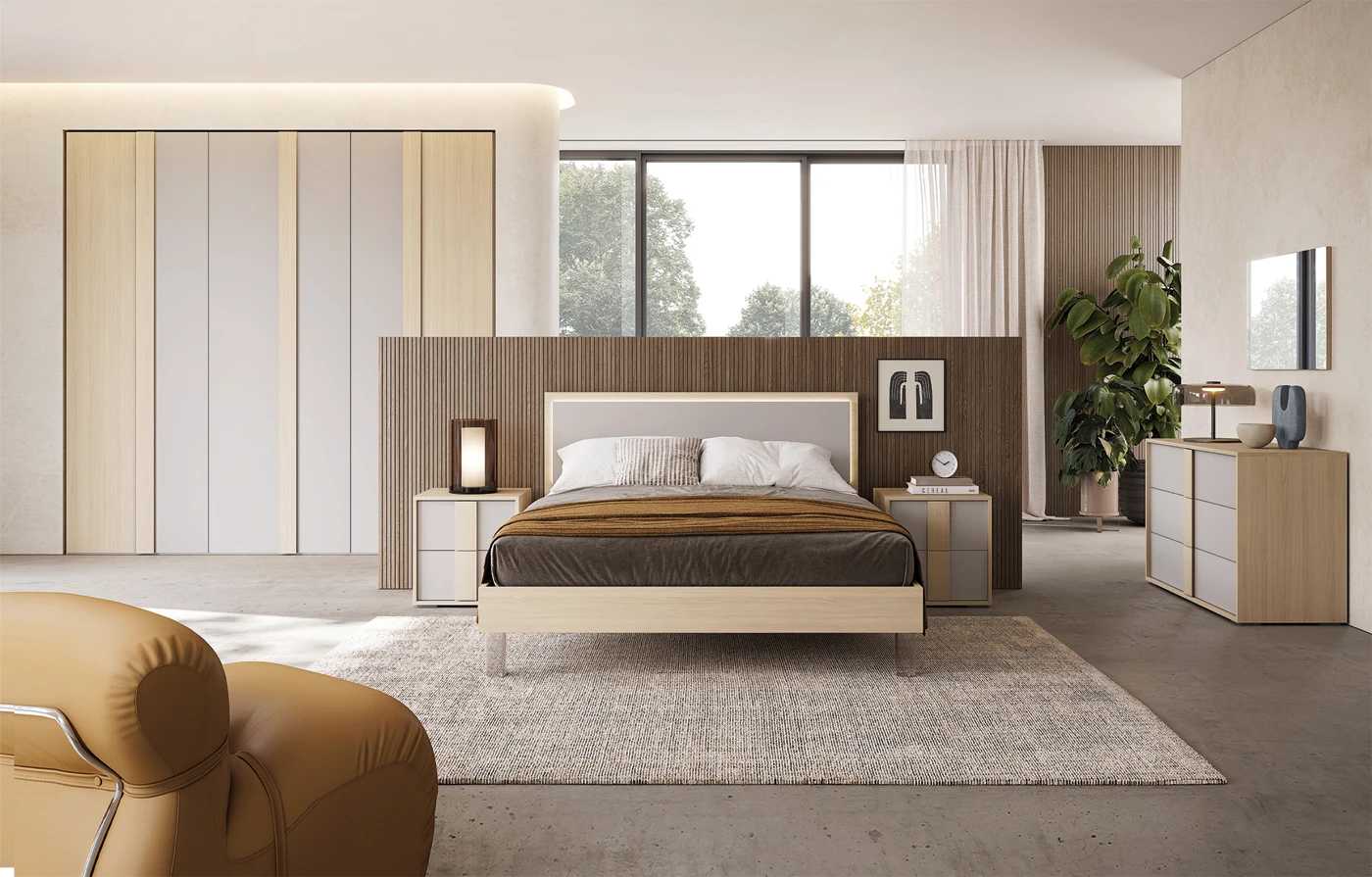 Camera matrimoniale Alba con armadio 6 ante 270 cm e letto contenitore con LED