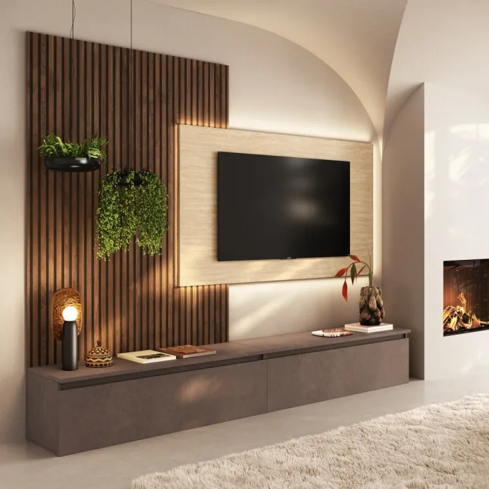 Parete soggiorno Infinity con boiserie dogata e porta TV