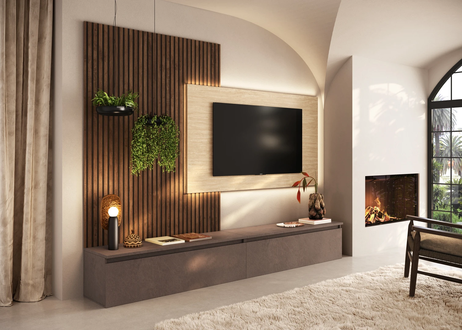Parete soggiorno Infinity con boiserie dogata e porta TV