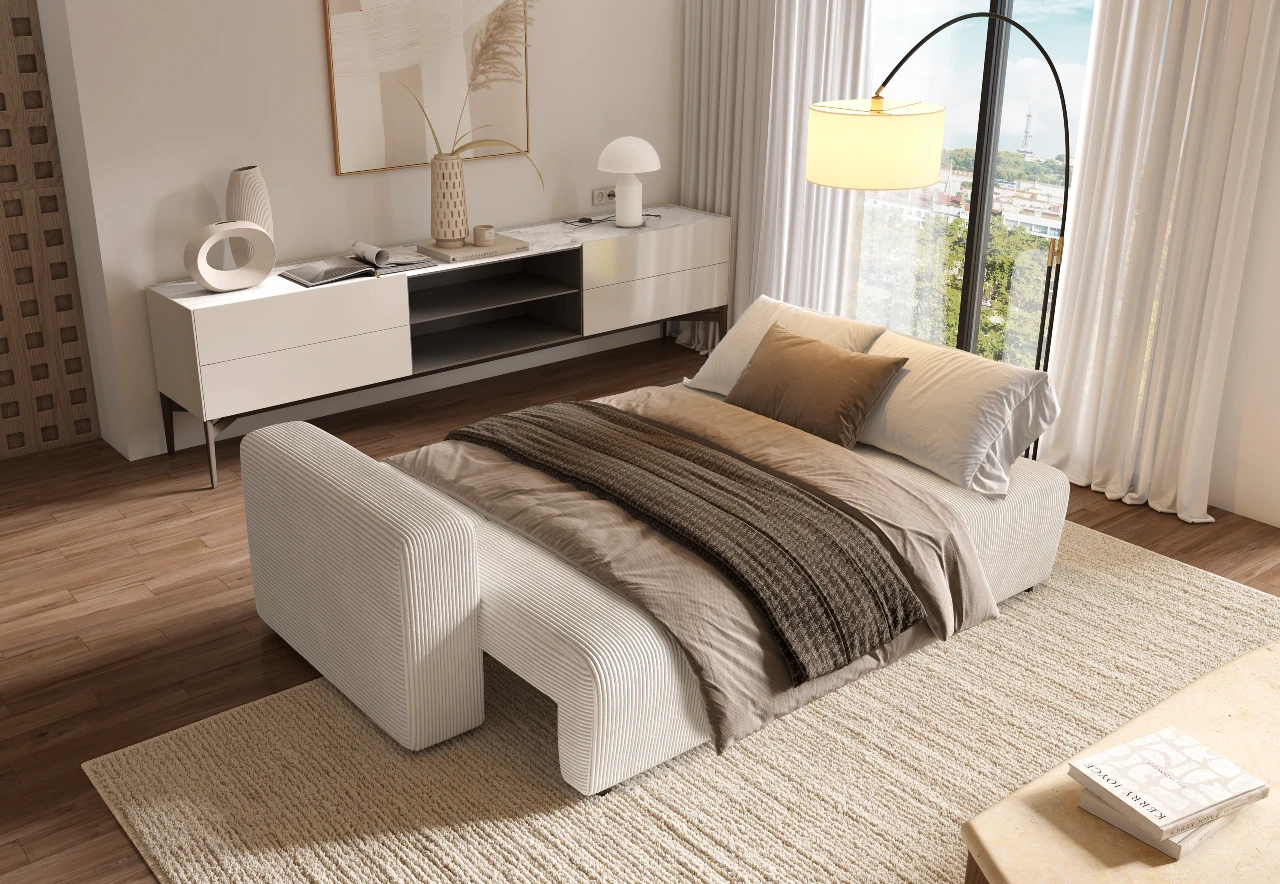 divano-letto-nuvola-contenitore aperto Divano letto Nuvola con contenitore e letto aperto 140x190 cm