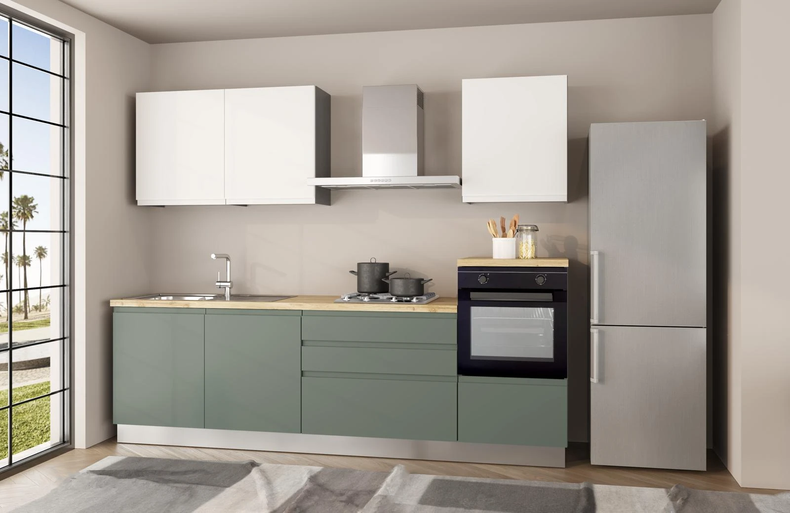 Cucina lineare Green da 330 cm con basi verde salvia, pensili bianchi, piano cottura a gas, forno e frigorifero a libera installazione