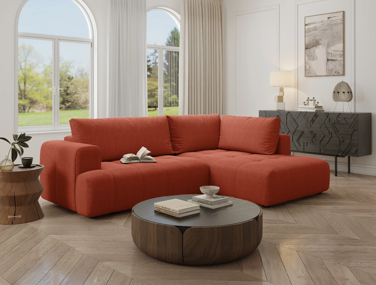 Divano Nuvola con chaise longue e funzione letto in ambiente living moderno